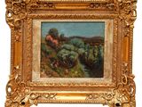 une peinture à l'huile représentant un paysage, dans un cadre doré, sur fond blanc