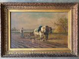 a painting of two horses pulling a plow in a field