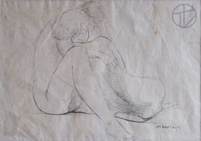 dessin au crayon représentant une femme assise à genoux, de dos à la caméra