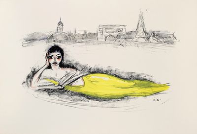 dessin représentant une femme en train de lire un livre dans l'eau, avec la tour Eiffel en arrière-plan