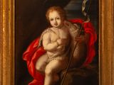 a painting of a child holding a flag in a gold frame