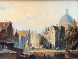 a painting of boats on the water in front of a building