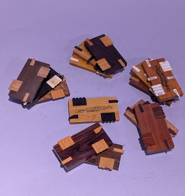 plusieurs morceaux de bois sont disposés en cercle sur une surface blanche