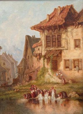 une peinture à l'huile représentant une scène de village avec des chevaux et des personnages au bord d'une rivière