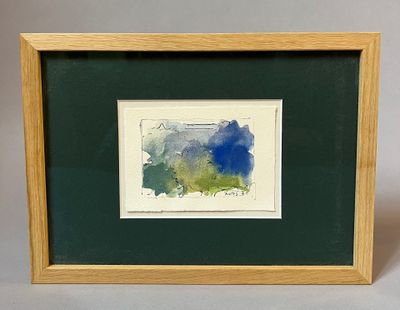 painting of a blue and green landscape in a wooden frame