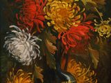 tableau représentant des fleurs dans un vase noir posé sur une table