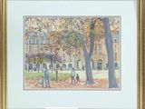 painting of a painting of people walking in a park with a building in the background