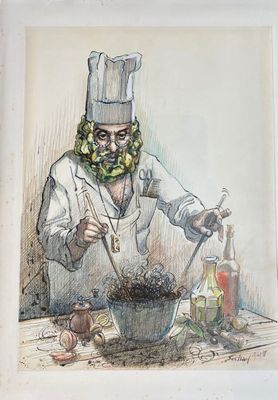 a drawing of a chef preparing food on a table