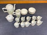 a lot of cups and saucers sitting on a table
