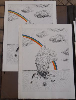 trois dessins représentant un arc-en-ciel et un arc-en-ciel sur un mur de briques