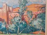 painting of a painting of a building with a clock tower in the background