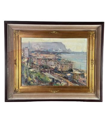 tableau représentant une vue de ville avec un train sur les rails