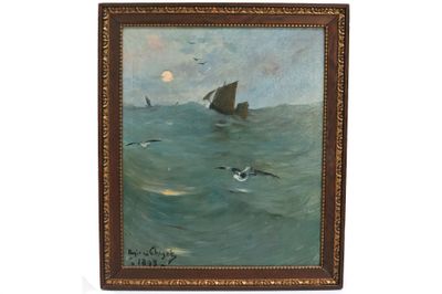 une image représentant un tableau où l'on voit un bateau en pleine mer, avec des oiseaux qui volent tout autour