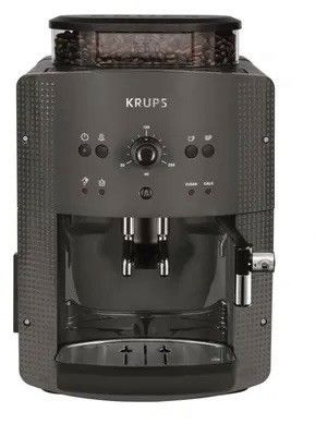 Machine à café Krups avec moulin intégré et grains de café sur fond blanc