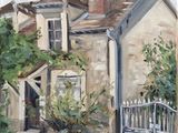 une peinture à l'huile représentant une maison avec un portail devant