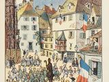 un dessin représentant une foule de personnes sur la place d'une ville