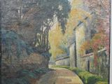 an oil painting of a country road with a house and trees
