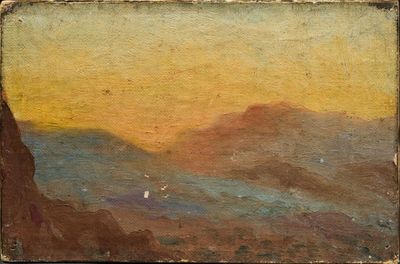 une peinture à l'huile représentant un paysage de montagne avec une personne à cheval
