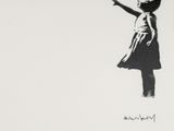 a black and white drawing of a girl holding a red balloon