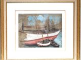 painting of a red and white boat sitting on top of a body of water