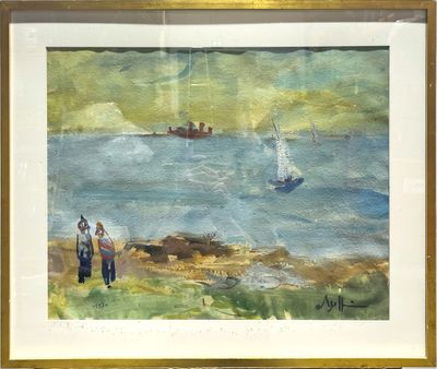 un tableau représentant deux personnes marchant sur la plage