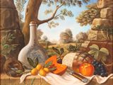 a painting of a still life with fruit and a bottle
