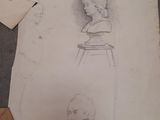 a drawing of a man sitting on a chair in front of a desk