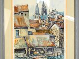 framed watercolor painting of a view of a town with a church in the background