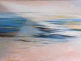 une peinture à l'huile représentant une scène de plage avec une planche de surf au premier plan