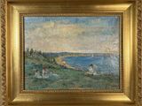 une peinture à l'huile représentant des personnes assises sur une colline au bord de l'eau