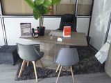 un bureau avec deux chaises et une plante dans un coin