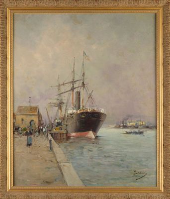Emile GODCHAUX ( 1860-1938) "Paquebot au quai animé" HST, SB…