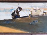 un tableau représentant un bateau sur l'eau avec un oiseau sur la rive