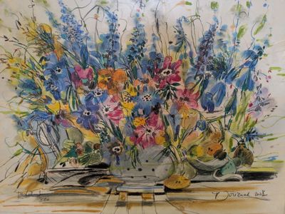 a watercolor painting of a vase of flowers on a table