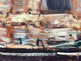 an oil painting of a boat in a body of water
