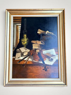 a painting on the wall of a room with a violin and books