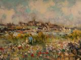 une peinture à l'huile représentant un champ avec des fleurs et des bâtiments en arrière-plan
