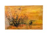 un tableau représentant un oiseau debout dans l'eau