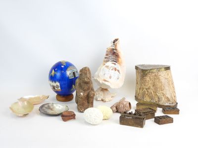 beaucoup de coquillages et une lampe posés sur une surface blanche