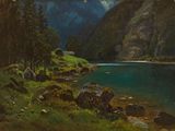 reproduction d'un tableau représentant un paysage de montagne avec un lac au premier plan et des montagnes à l'arrière-plan