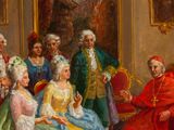 painting of a group of people sitting around each other in a room