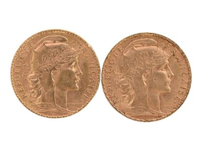 Deux pièces de 20 Francs or de coq de 1908 et 1913, (usures)… - Photo 1