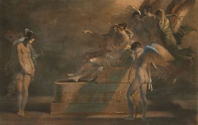 une image représentant un tableau où l'on voit un groupe de personnes debout autour d'une statue