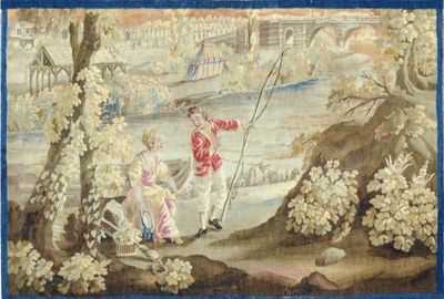 painting of two men fishing in a river with a bridge in the background