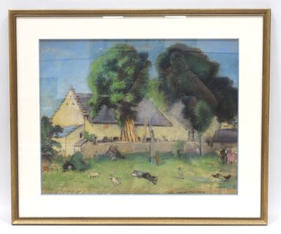 tableau encadré représentant une scène de vie à la ferme avec des vaches dans un pâturage
