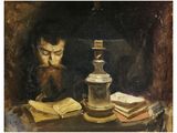 a painting of a man sitting at a table with books and a lamp