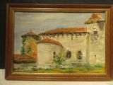 an oil painting of a building with a red roof and a brown frame