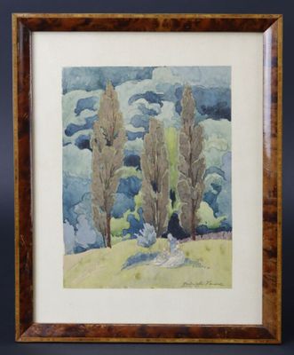 Gabrielle FAURE: "Paysage aux cyprès," aquarell, signée en b…
