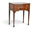 a small wooden table with two drawers and a marble top