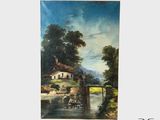 l'image d'une peinture représentant une rivière avec une maison à l'arrière-plan